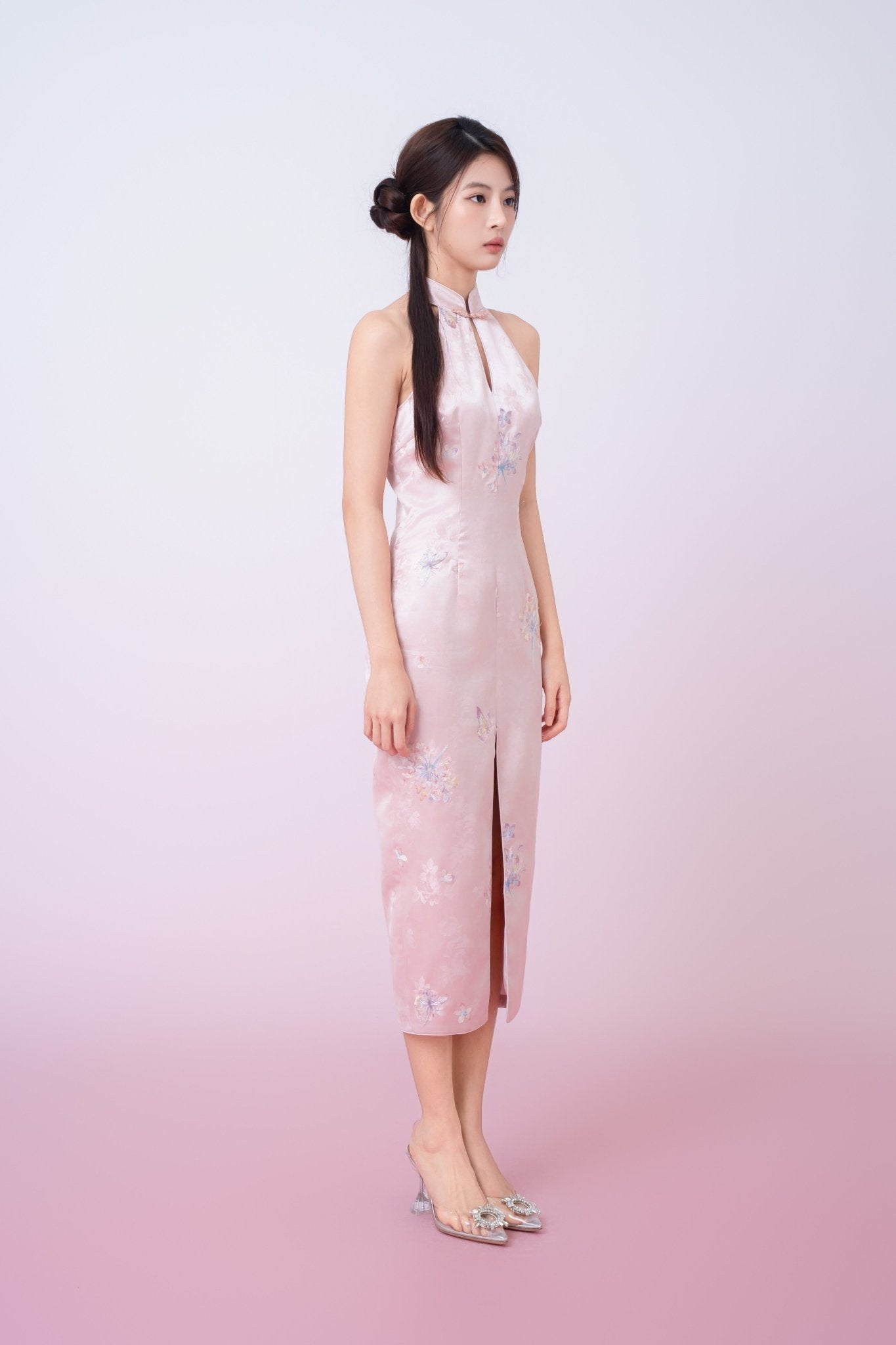 Kaliyah Pink Jacquard With Front Slit Halter Neck Cheongsam Dress - Nimisski