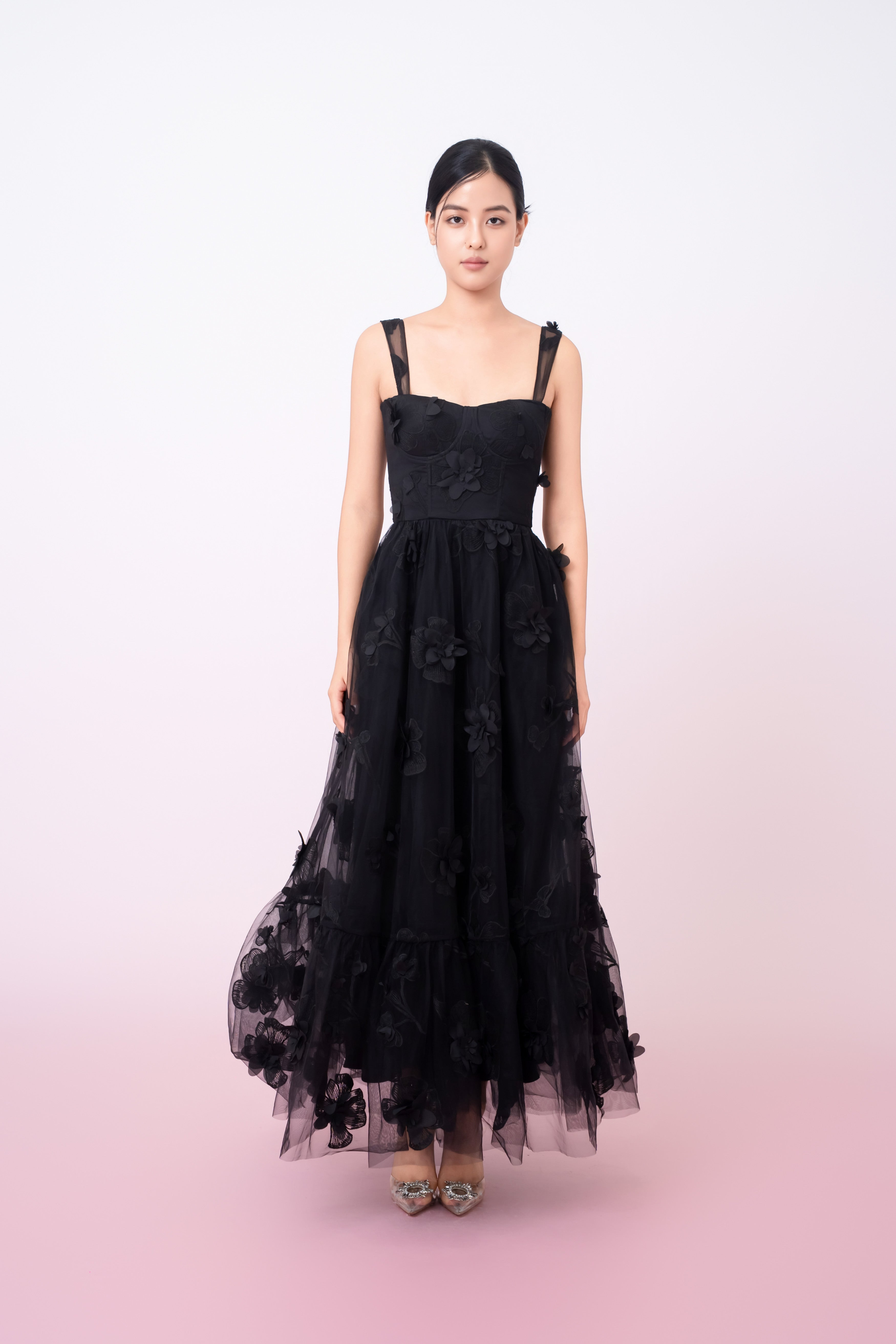 Freddi Black 3D Flower Long Dress