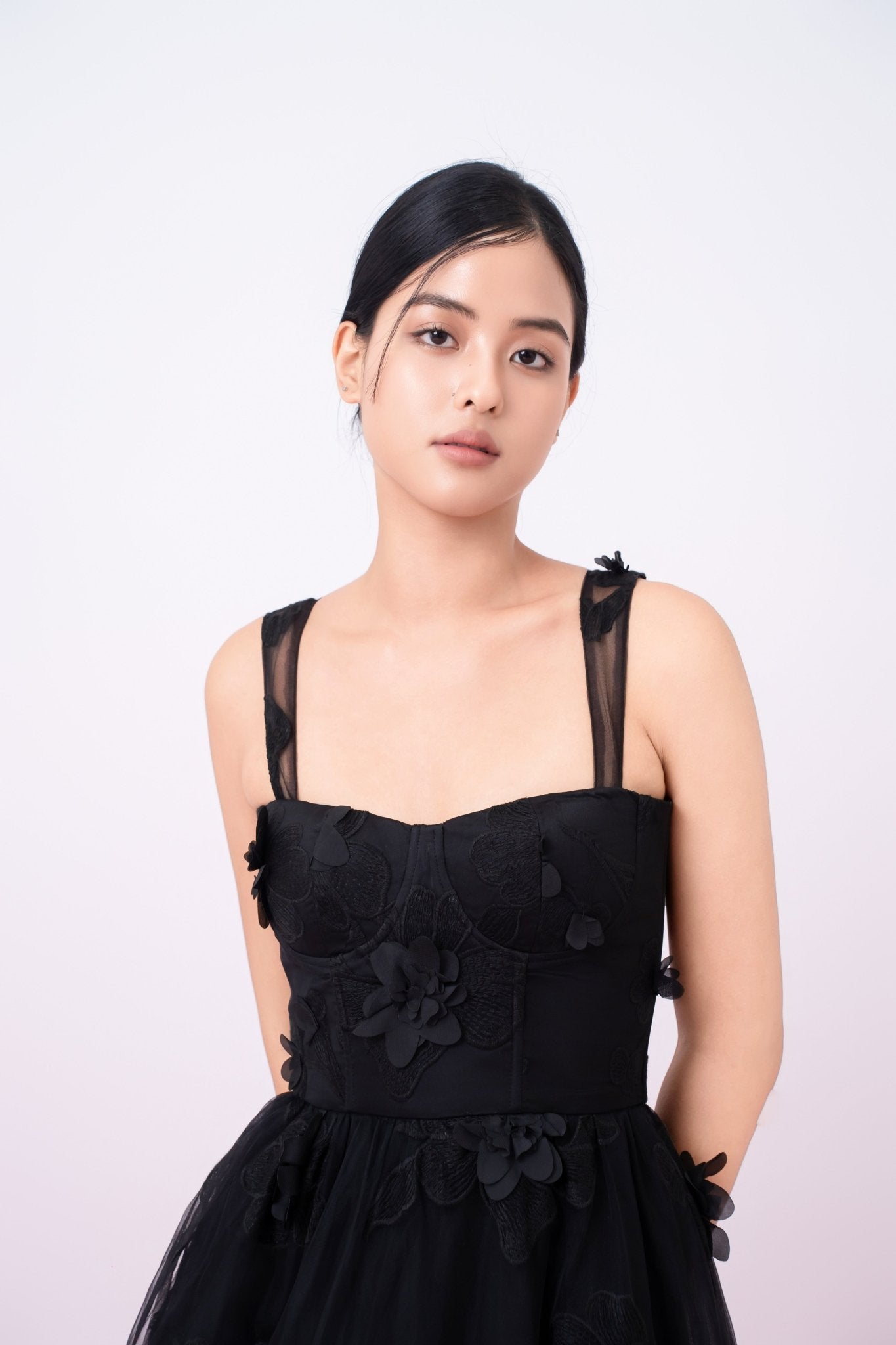 Freddi Black 3D Flower Long Dress - Nimisski