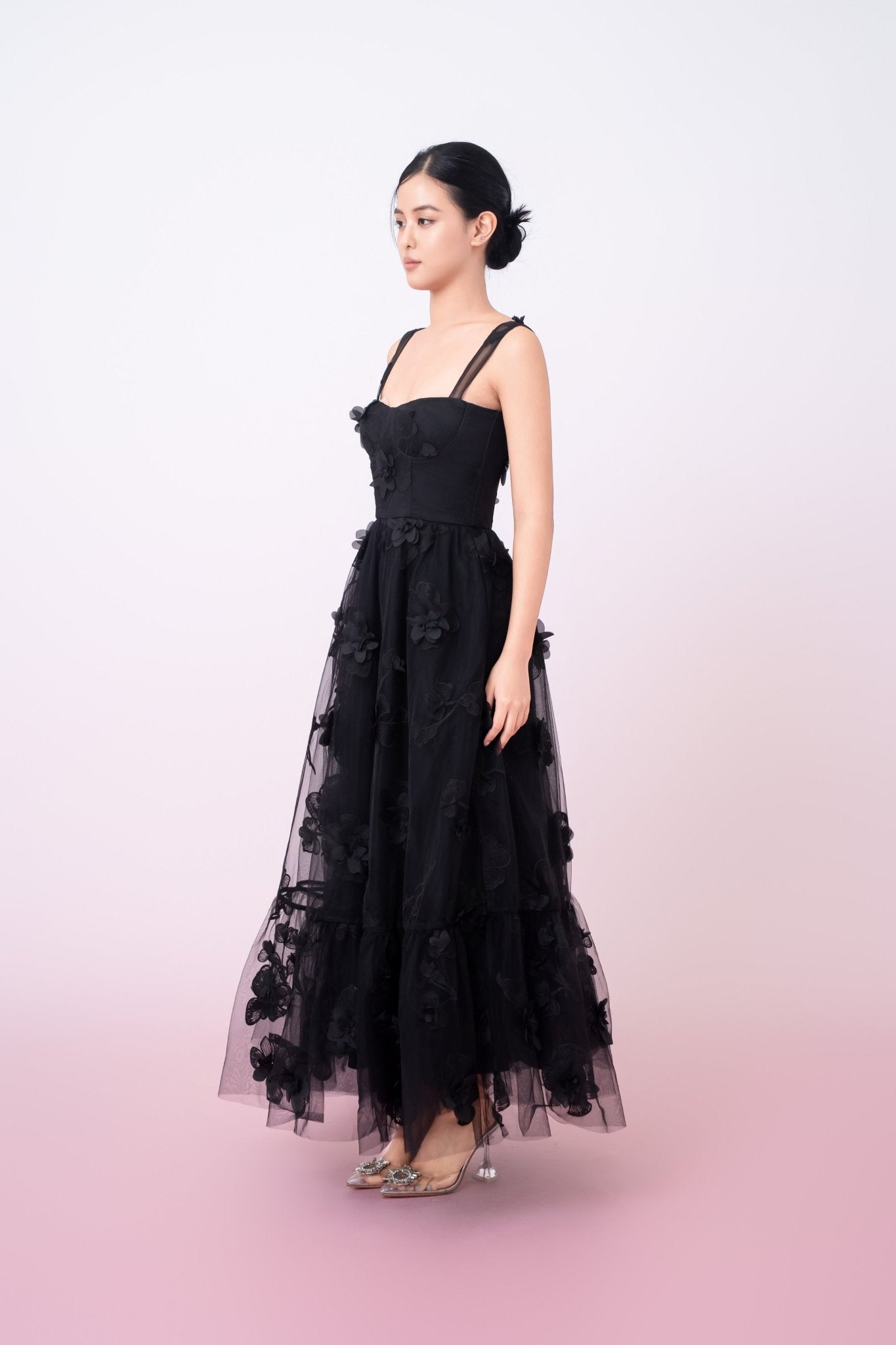 Freddi Black 3D Flower Long Dress - Nimisski