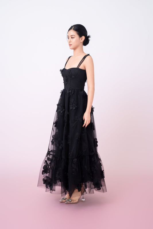 Freddi Black 3D Flower Long Dress - Nimisski