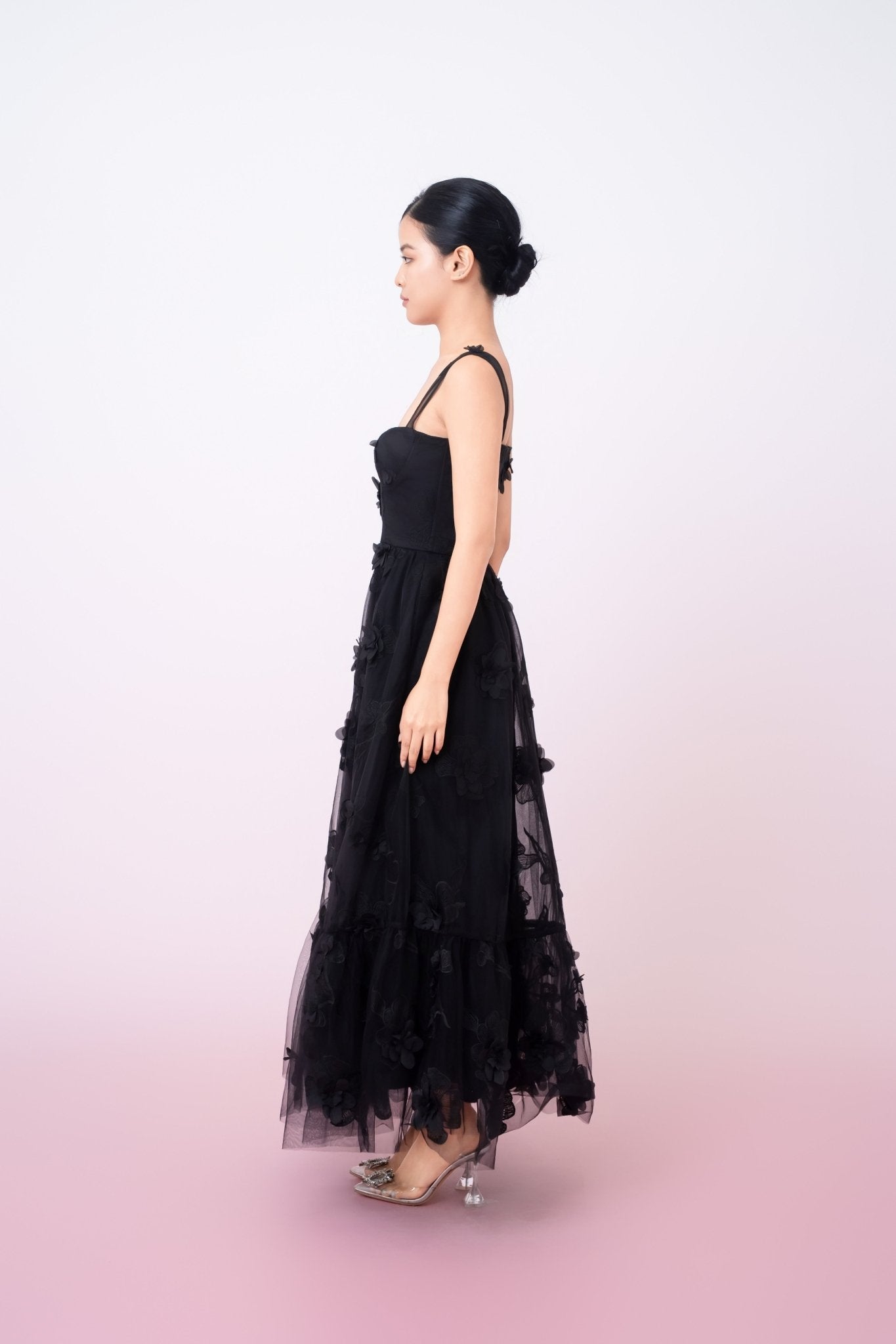 Freddi Black 3D Flower Long Dress - Nimisski