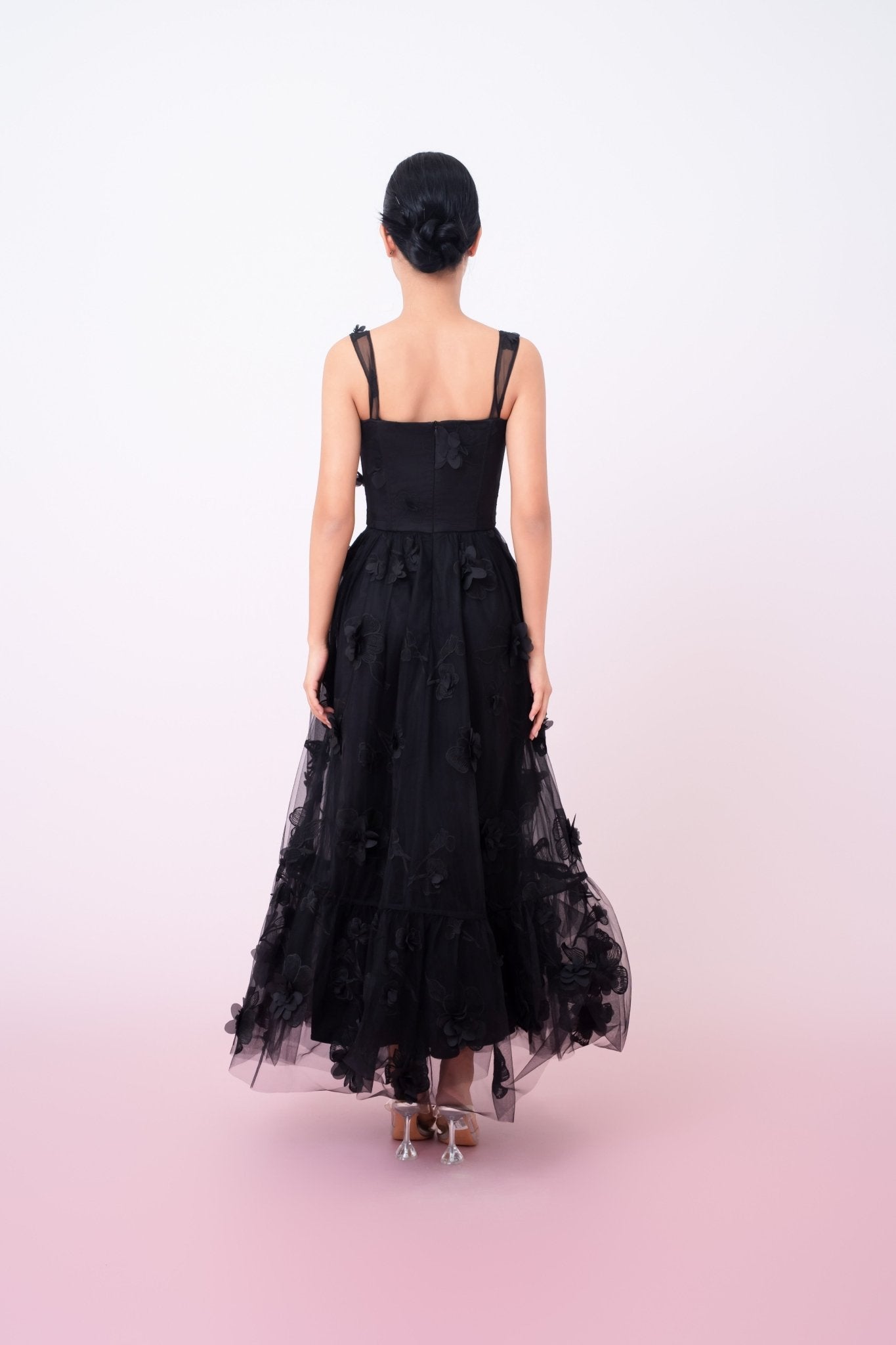 Freddi Black 3D Flower Long Dress - Nimisski