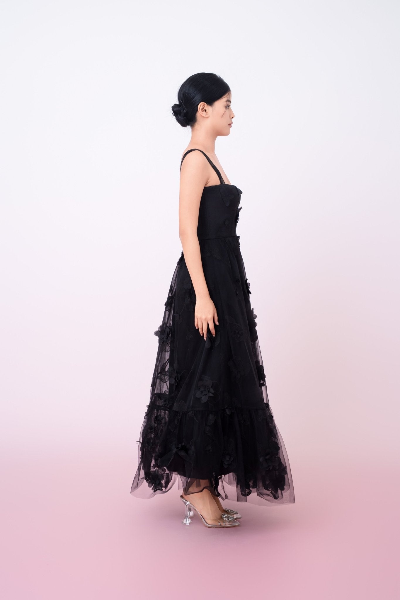 Freddi Black 3D Flower Long Dress - Nimisski