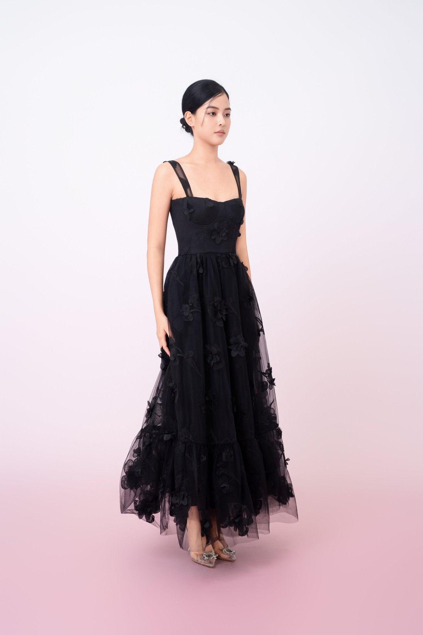 Freddi Black 3D Flower Long Dress - Nimisski