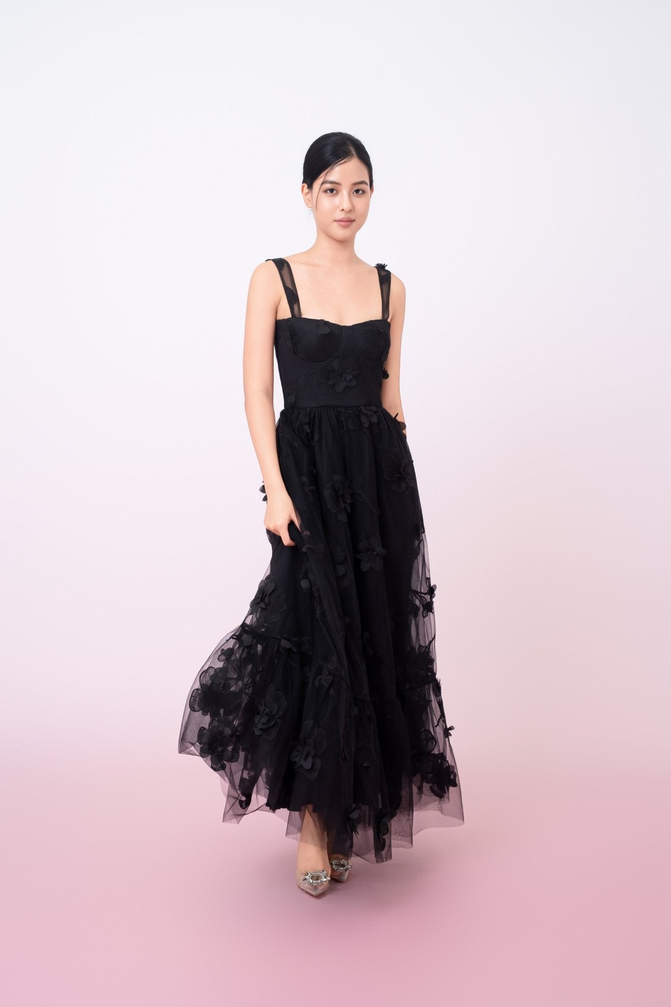 Freddi Black 3D Flower Long Dress - Nimisski
