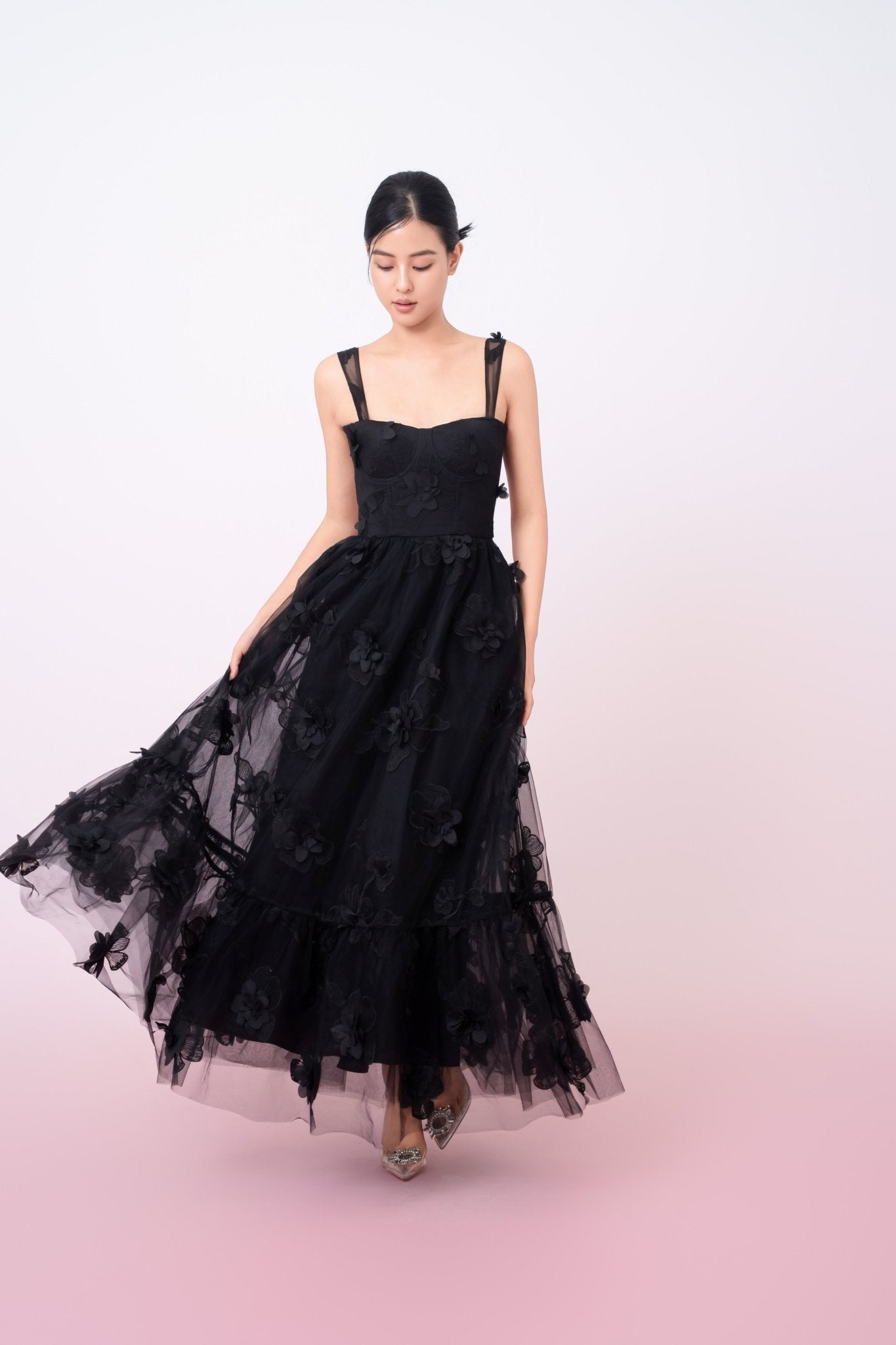 Freddi Black 3D Flower Long Dress - Nimisski