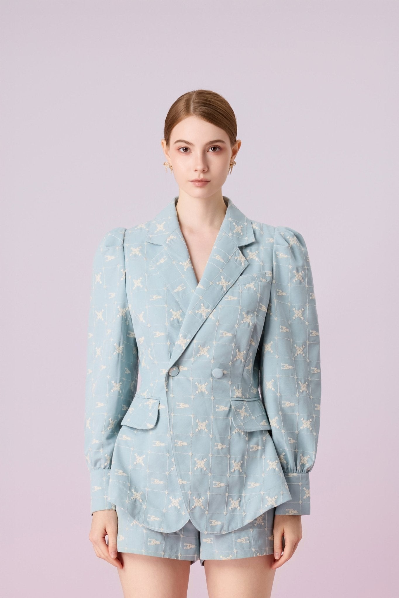 Jackalin Light Blue Embroidered Single Breasted Blazer - Nimisski