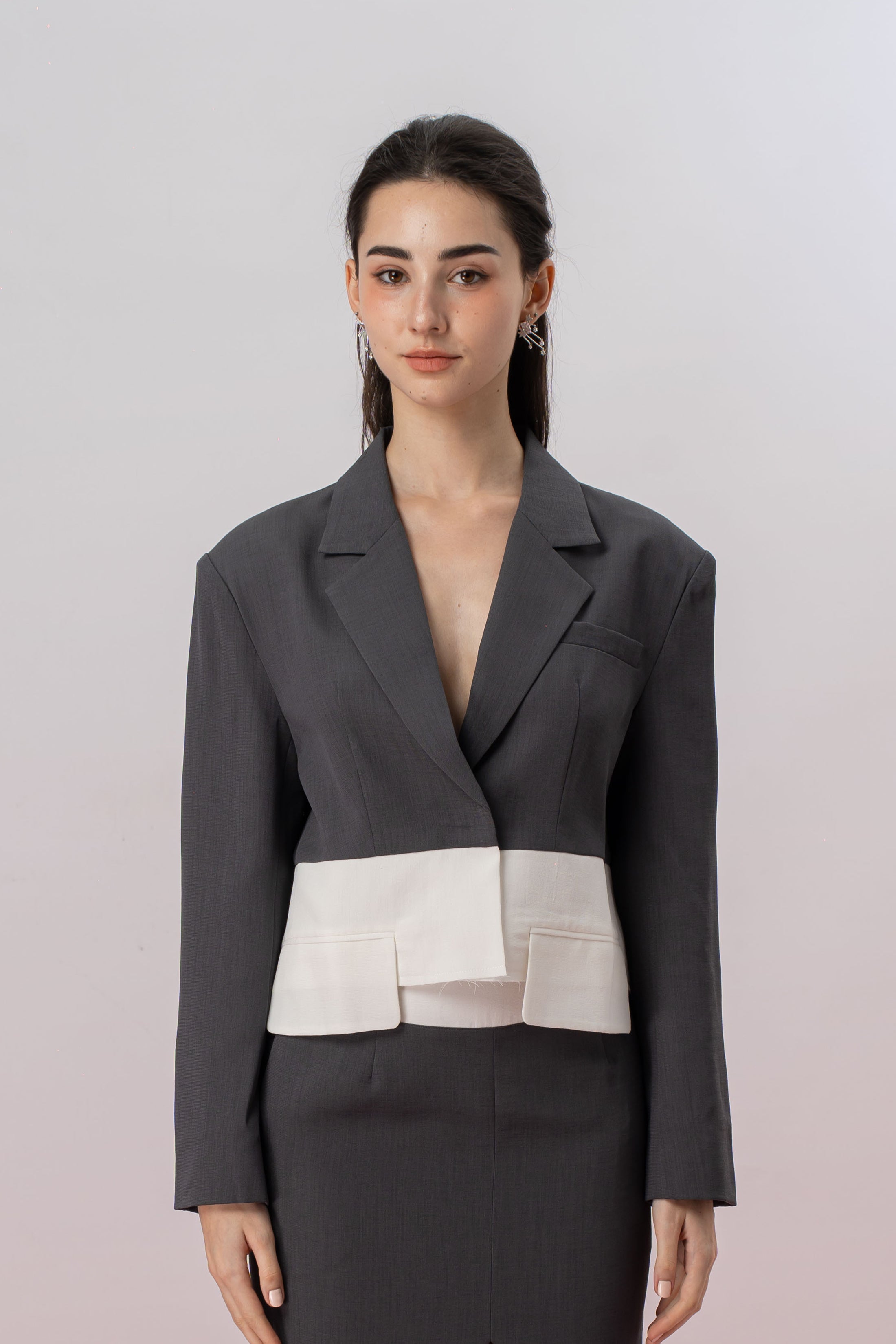 Ivonna White Pocket Panel In Dark Grey Blazer