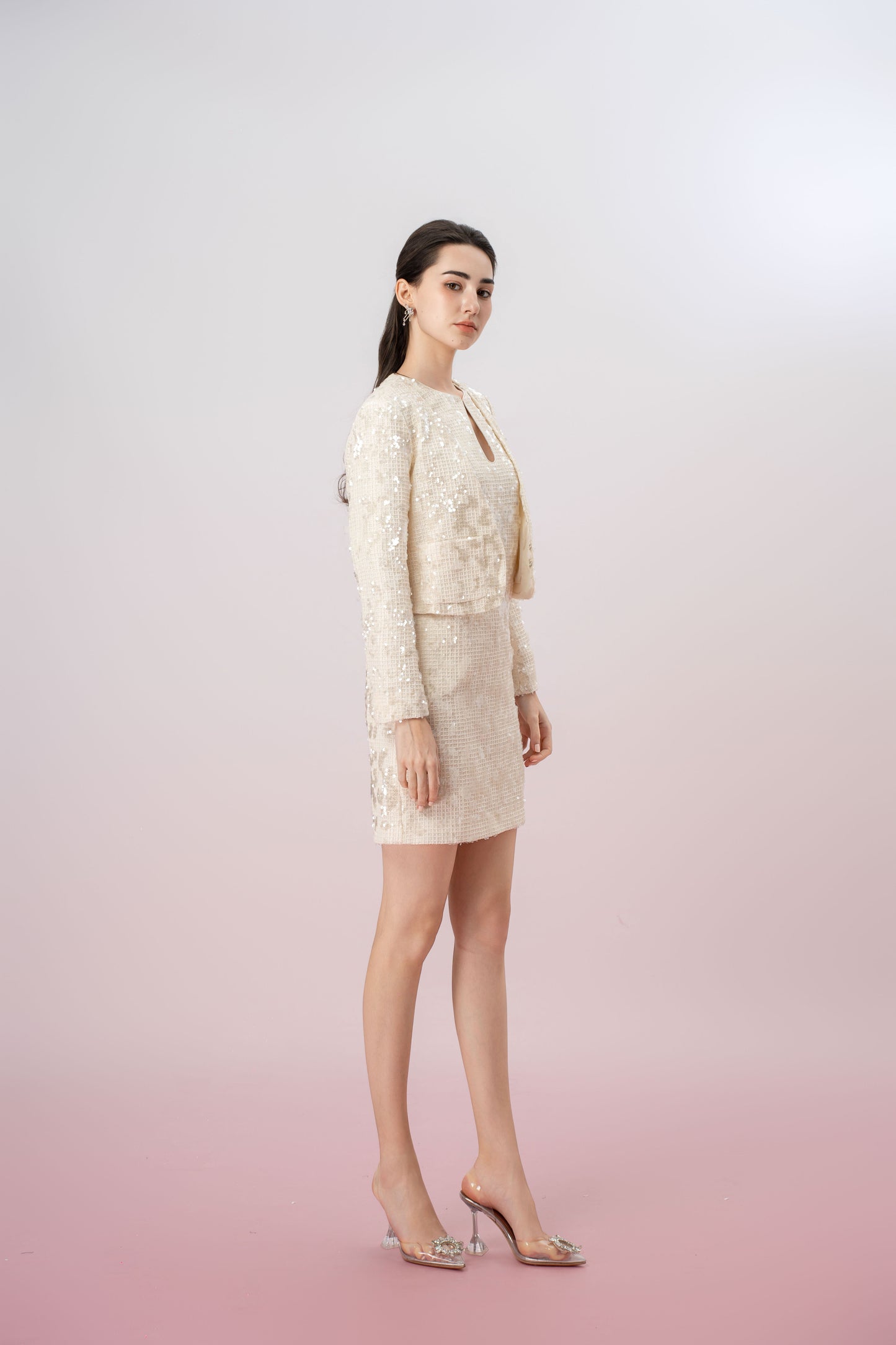 Jenevieve Cream Sequin Crop Jacket