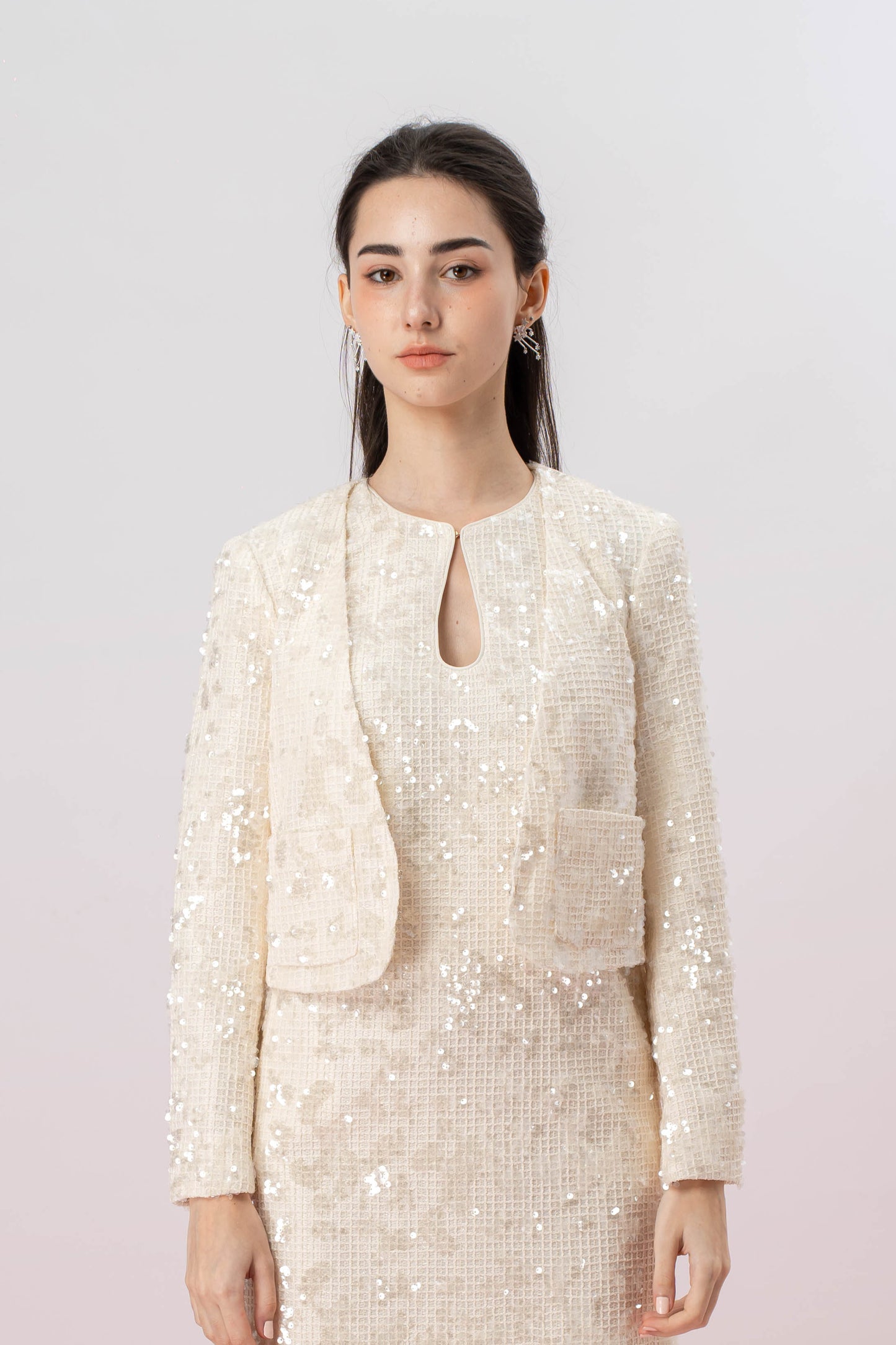 Jenevieve Cream Sequin Crop Jacket