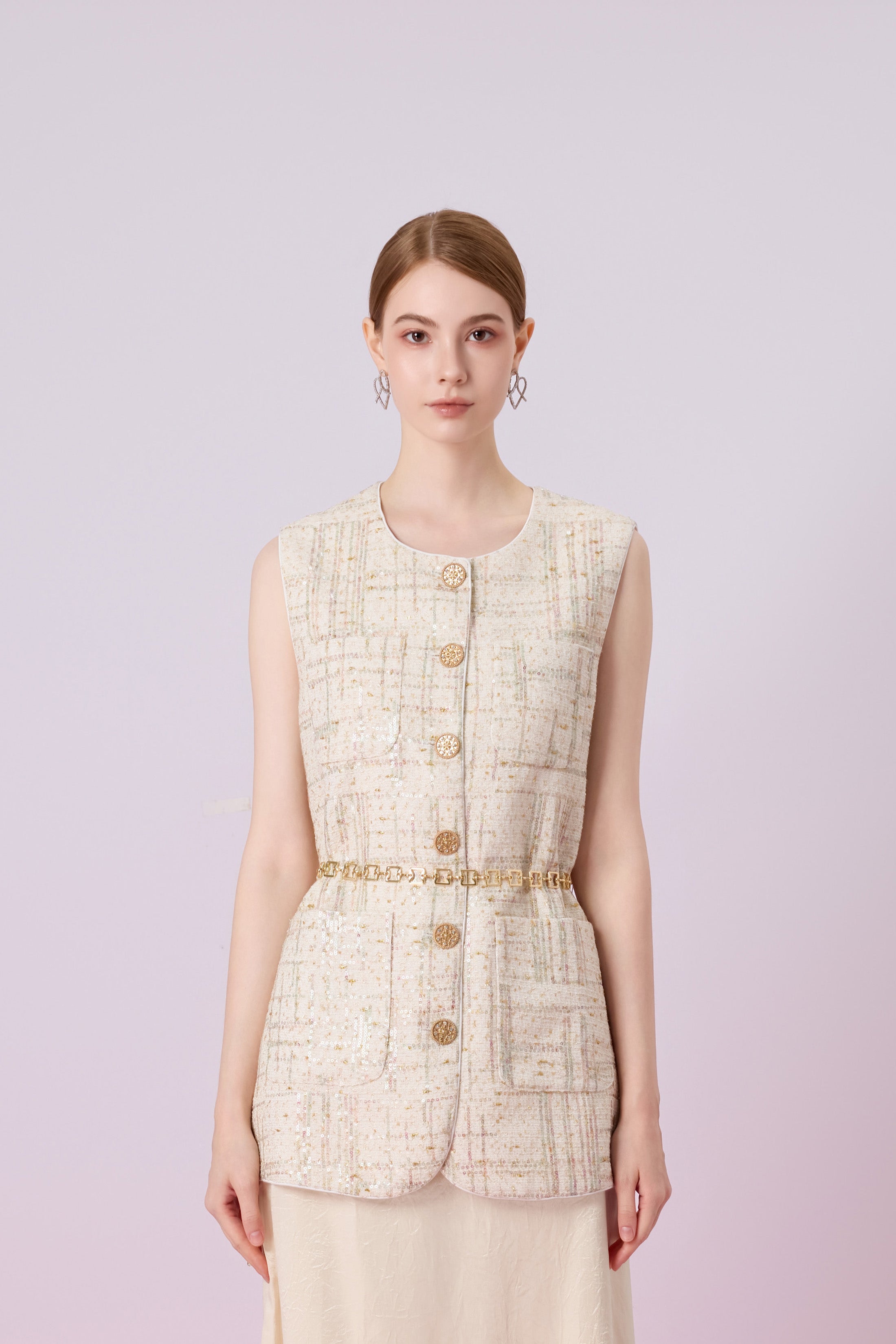 Jacklynne Beige Sequins Tweed Vest Top
