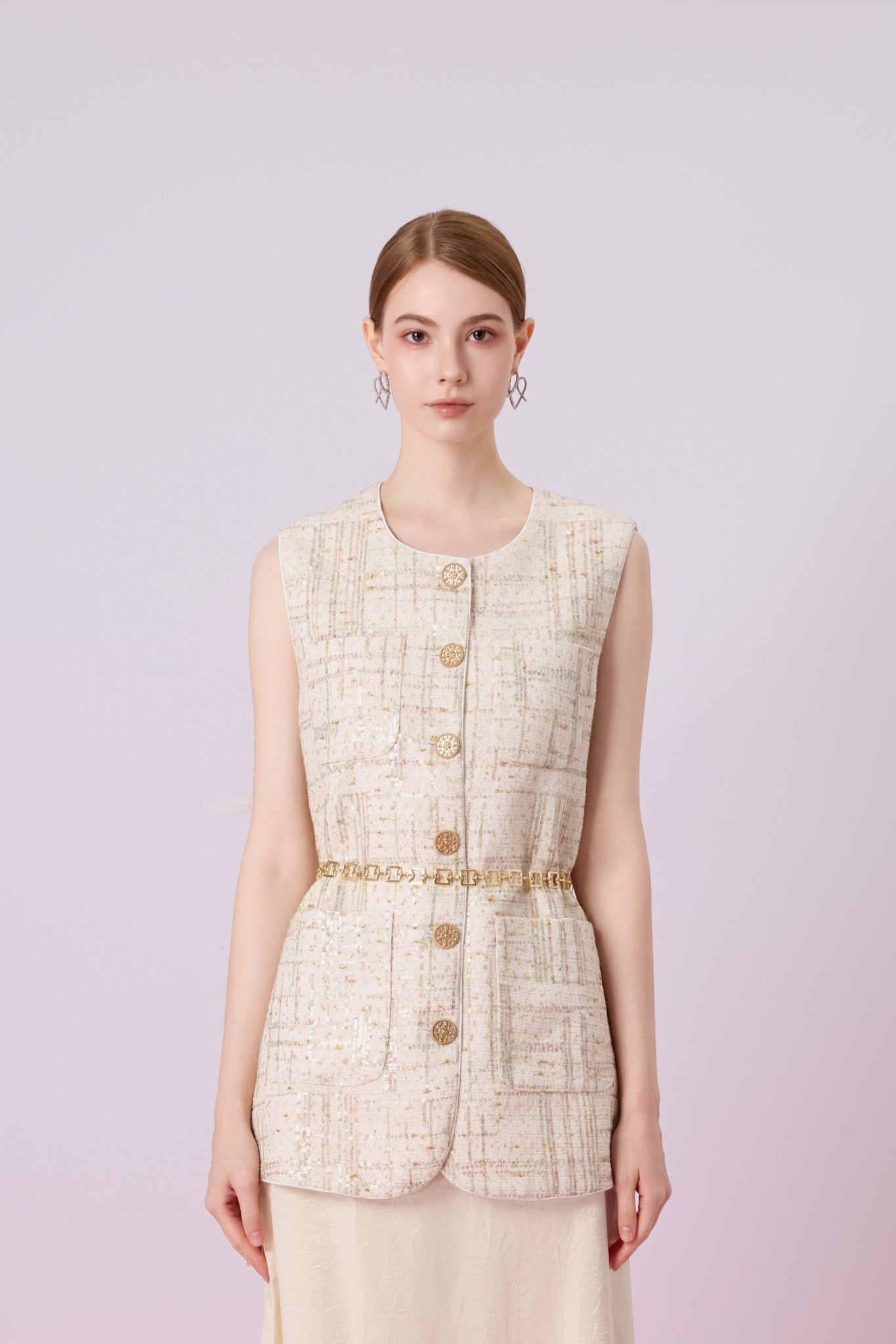 Jacklynne Beige Sequins Tweed Vest Top - Nimisski