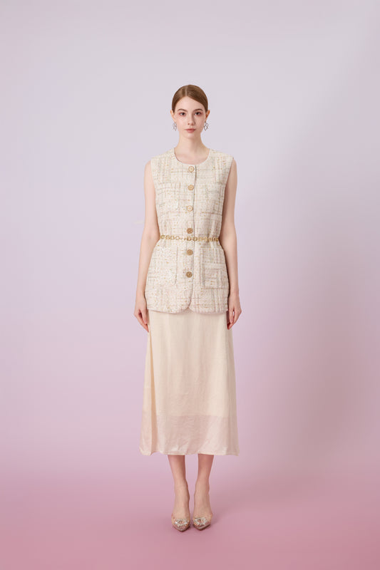 Jacklynne Beige Sequins Tweed Vest Top