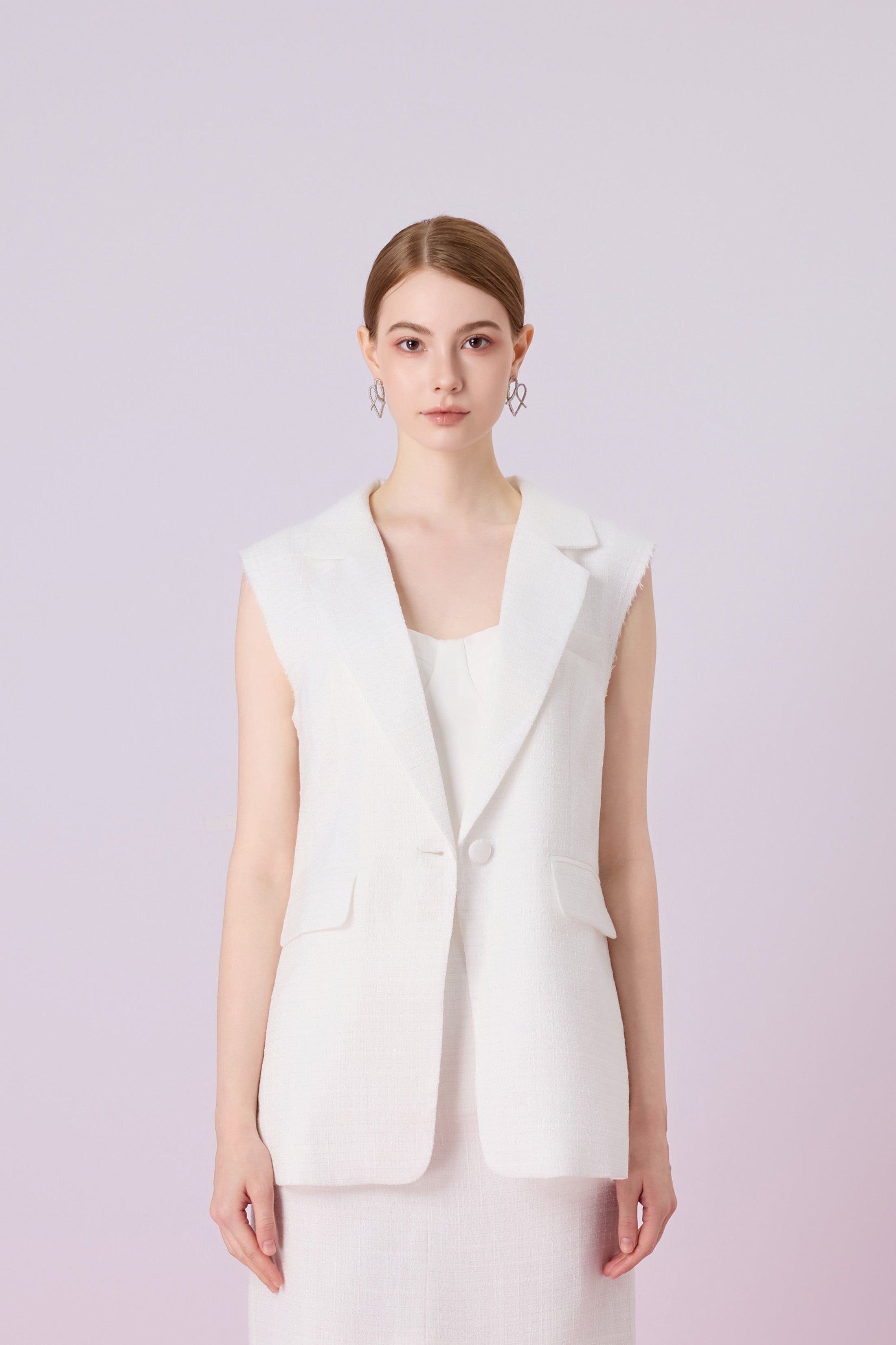Jacqlyn White Tweed Sleeveless Blazer