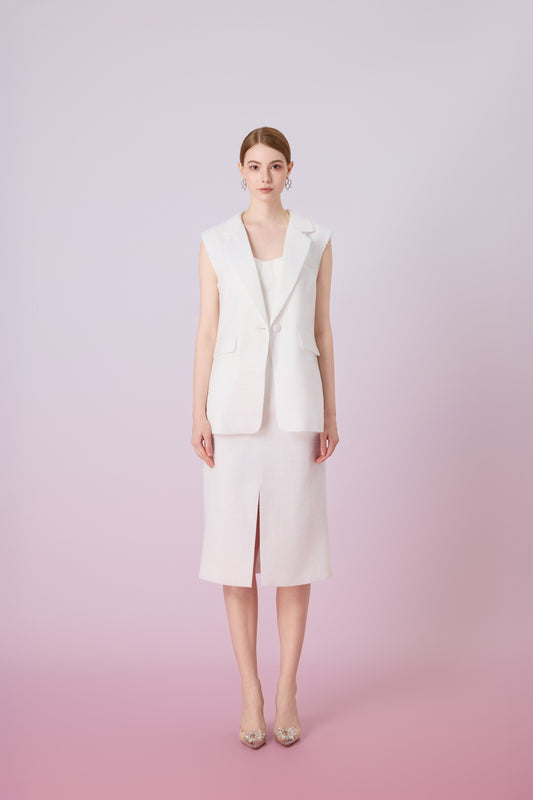 Jacqlyn White Tweed Sleeveless Blazer