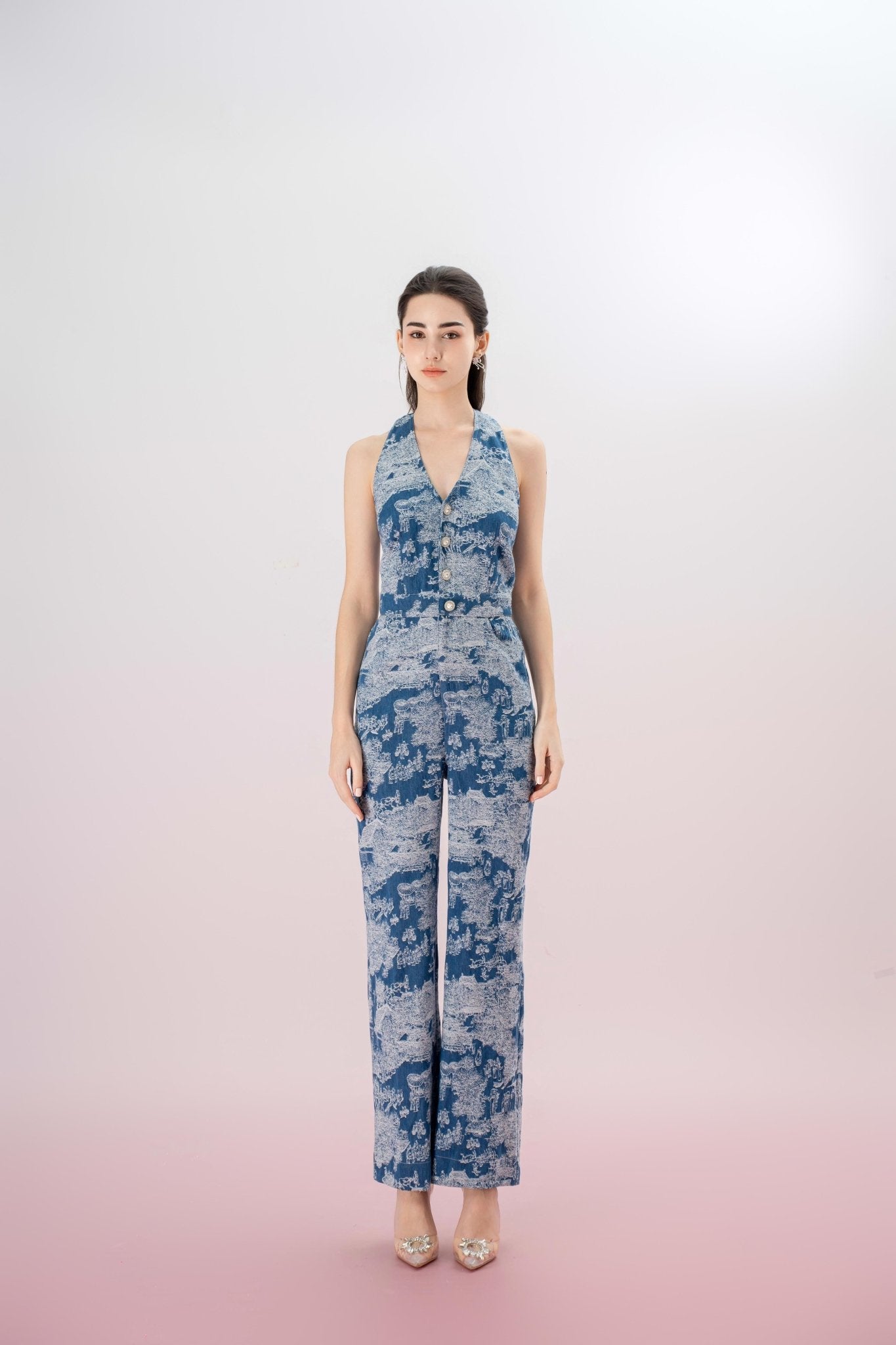 Janeva Blue Denim Halter Neck Jumpsuit - Nimisski