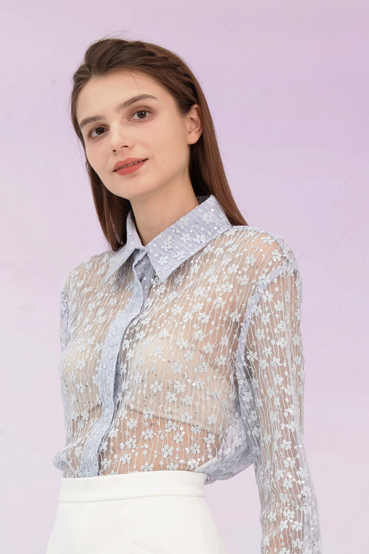 Genavieve Light Blue Flower Long Sleeve Top