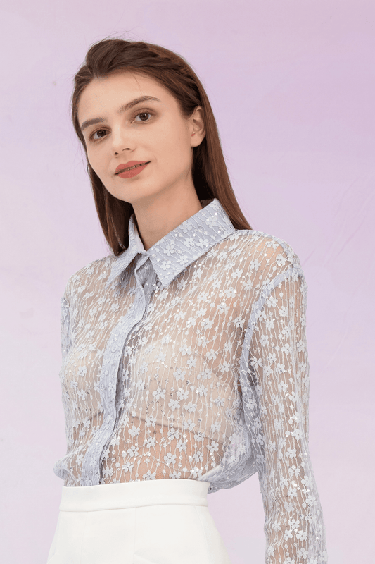 Genavieve Light Blue Flower Long Sleeve Top - Nimisski