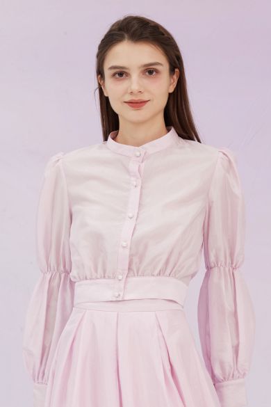 Gracia Pink High Collar Long Sleeve Top