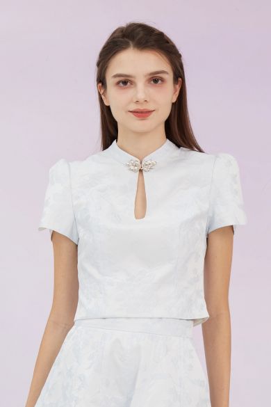 Gwenda Blue Jacquard Mandarin Collar Top - Nimisski