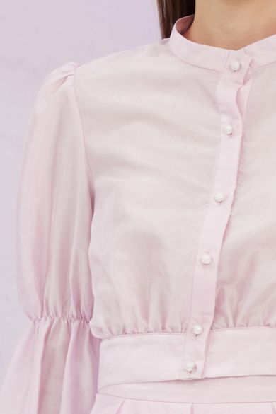 Gracia Pink High Collar Long Sleeve Top