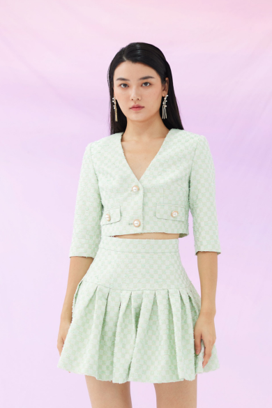 Glennys Green Checkered Tweed Top