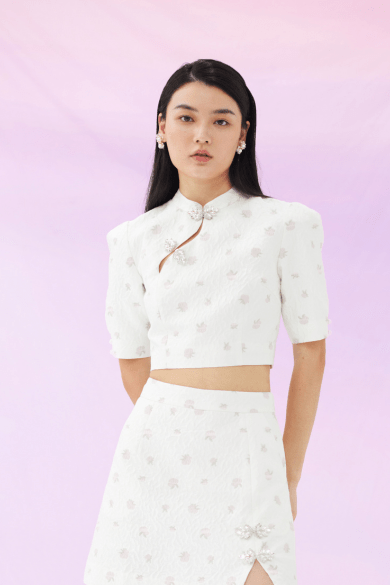 Germane Pink Flower Jacquard Mandarine Collar Top - Nimisski