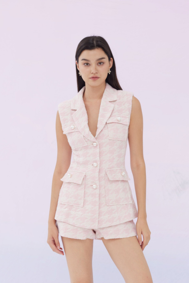 Emelyn Sleeveless Pink Houndstooth Jacket