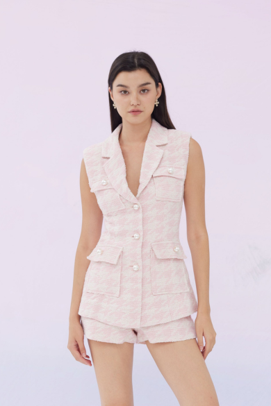 Emelyn Sleeveless Pink Check Houndstooth Jacket