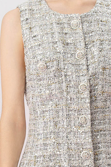 Greeta Silver Sequin White Tweed Button Dress