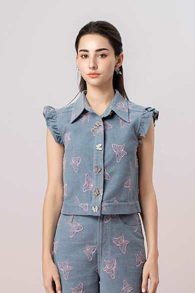 Geerda Pink Butterfly Blue Denim Top