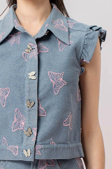 Geerda Pink Butterfly Blue Denim Top