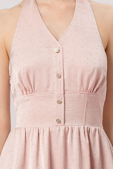 Genivieve Pink Twinkle Button Halter Dress