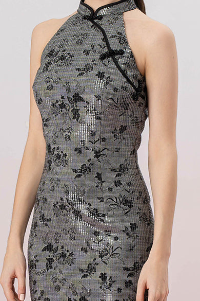 Gavraila Black Floral Sequin Cheongsam Dress