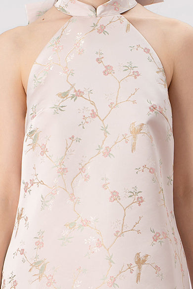 Ivett Pink Plum Blossom Print Halter Neck Dress