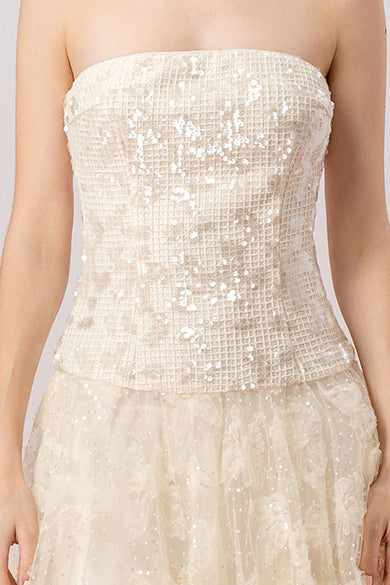 Heloise Cream Sequins And Mesh Asymmetrical Tube Dress