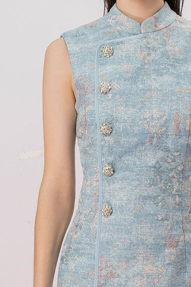 Jeanetta Blue Denim Modern Cheongsam Dress