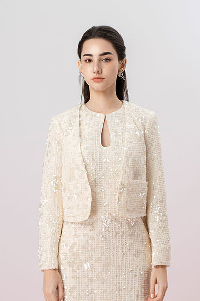 Jenevieve Cream Sequin Crop Jacket