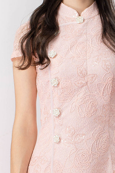 Jackalinne Pink Rose Lace Cheongsam Dress