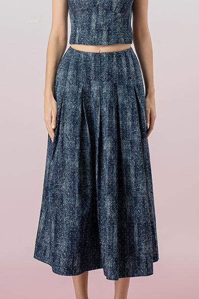 Giovana Twinkle Dark Blue Denim Pleated A-line Skirt