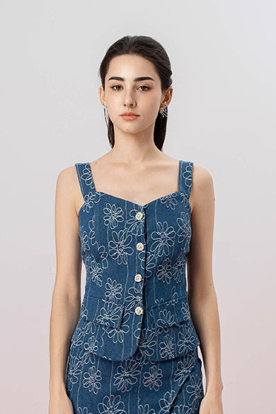 Gaybriel Blue Denim With Floral Embroidery Top