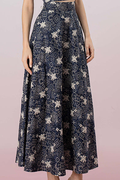 Geah White Print In Navy A-Line Skirt