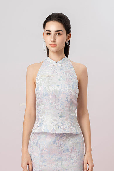 Jineeva Blue Sleeveless Cheongsam Top