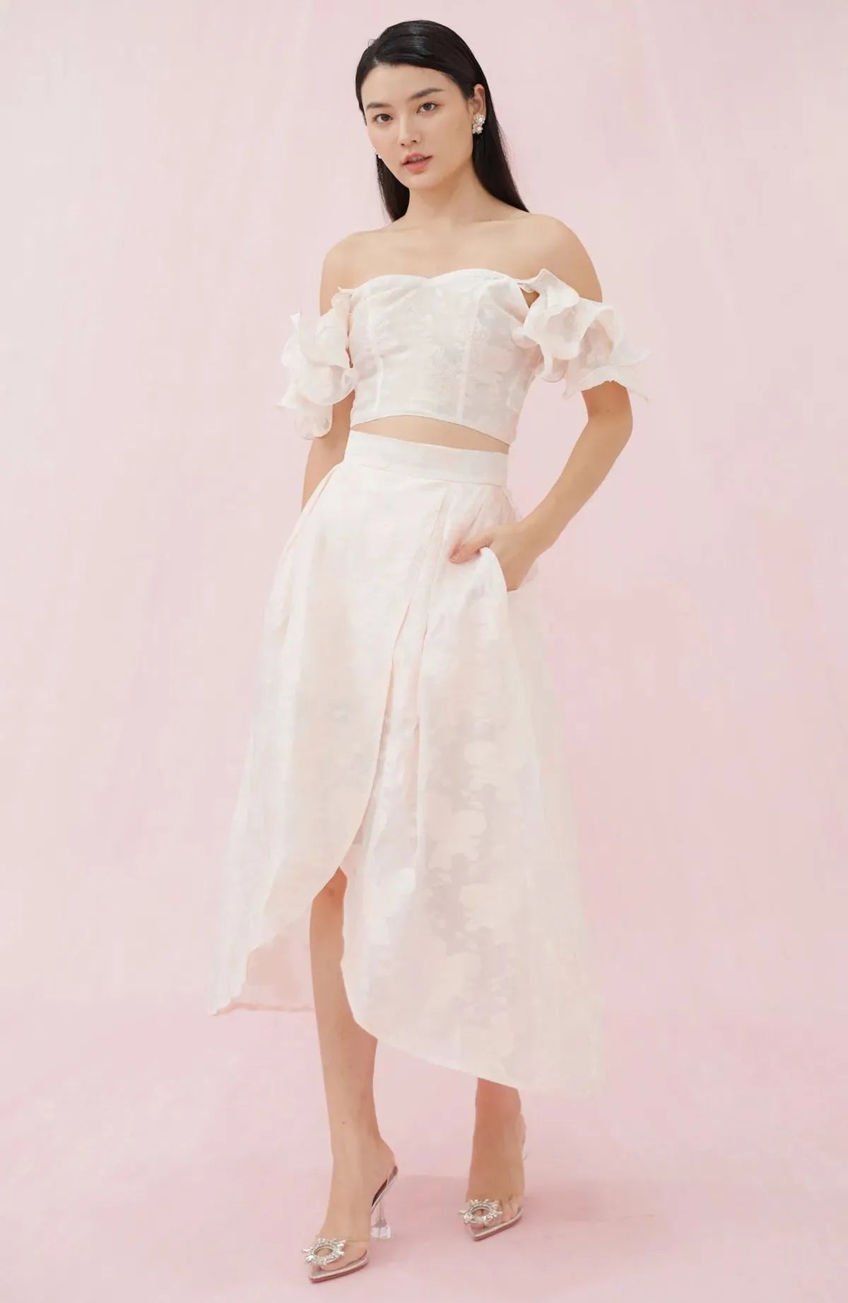 Francena Pink Flower Jacquard Long Skirt - Nimisski