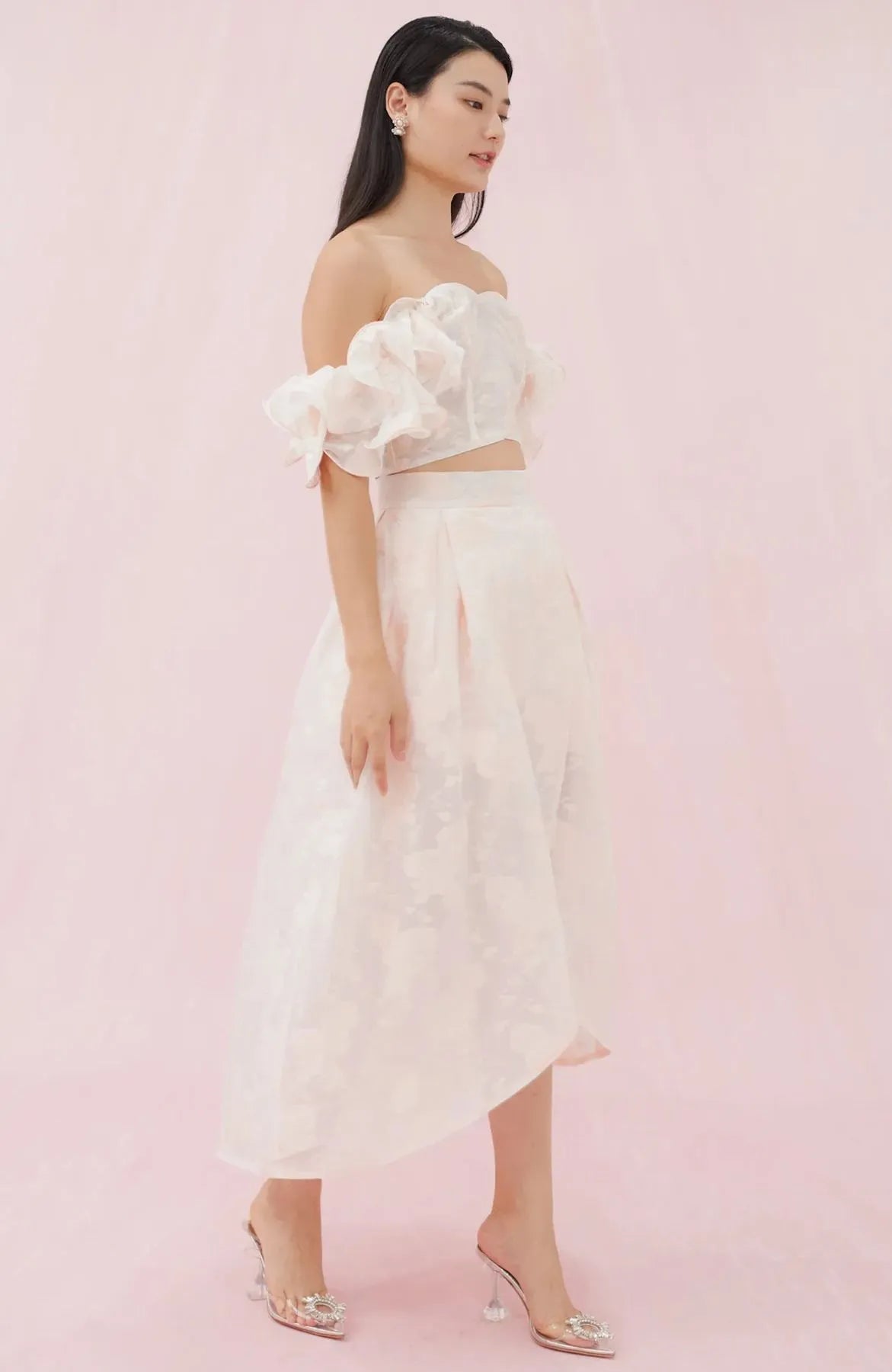 Francena Pink Flower Jacquard Long Skirt - Nimisski