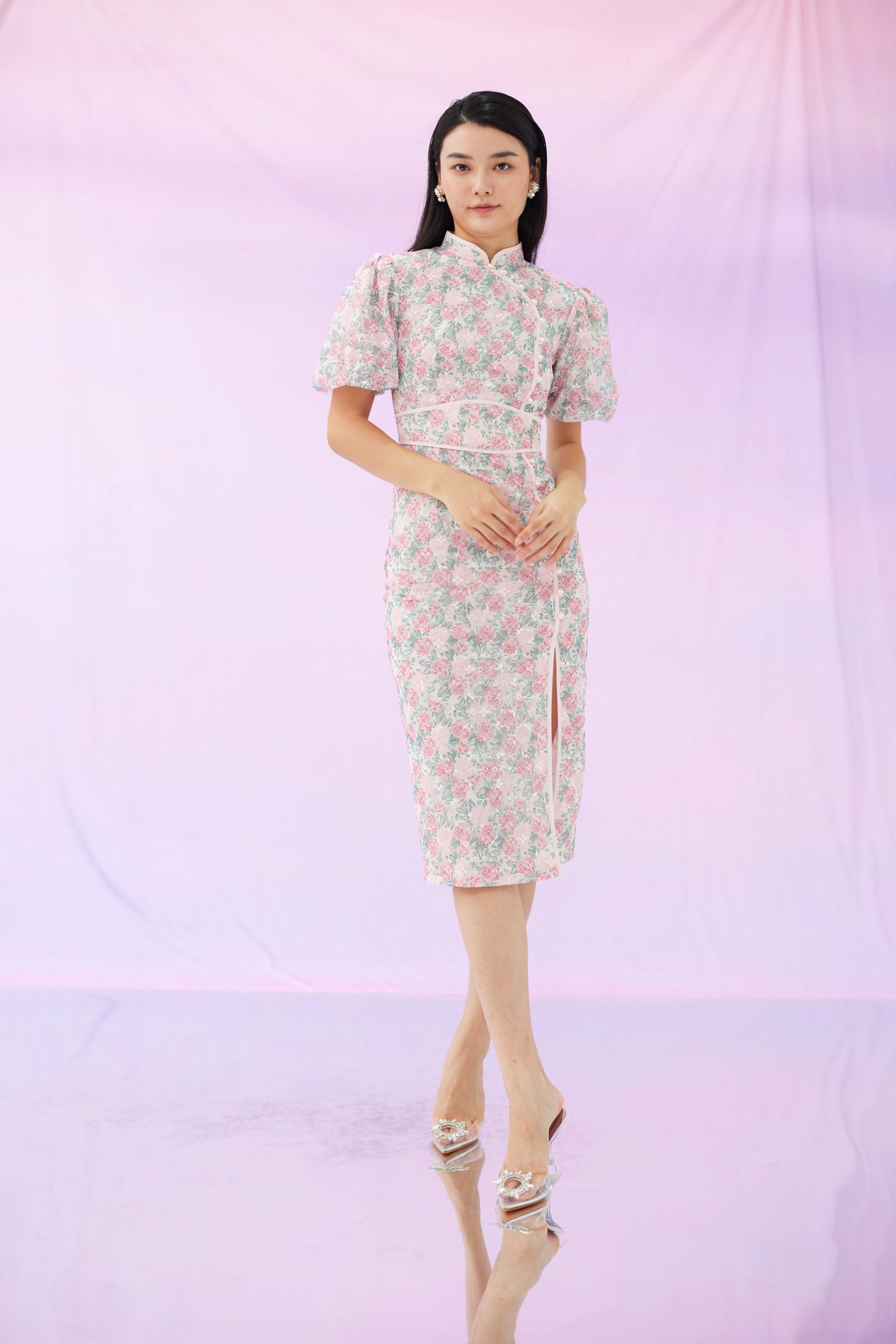 Hilda Pink Lace Midi Cheongsam