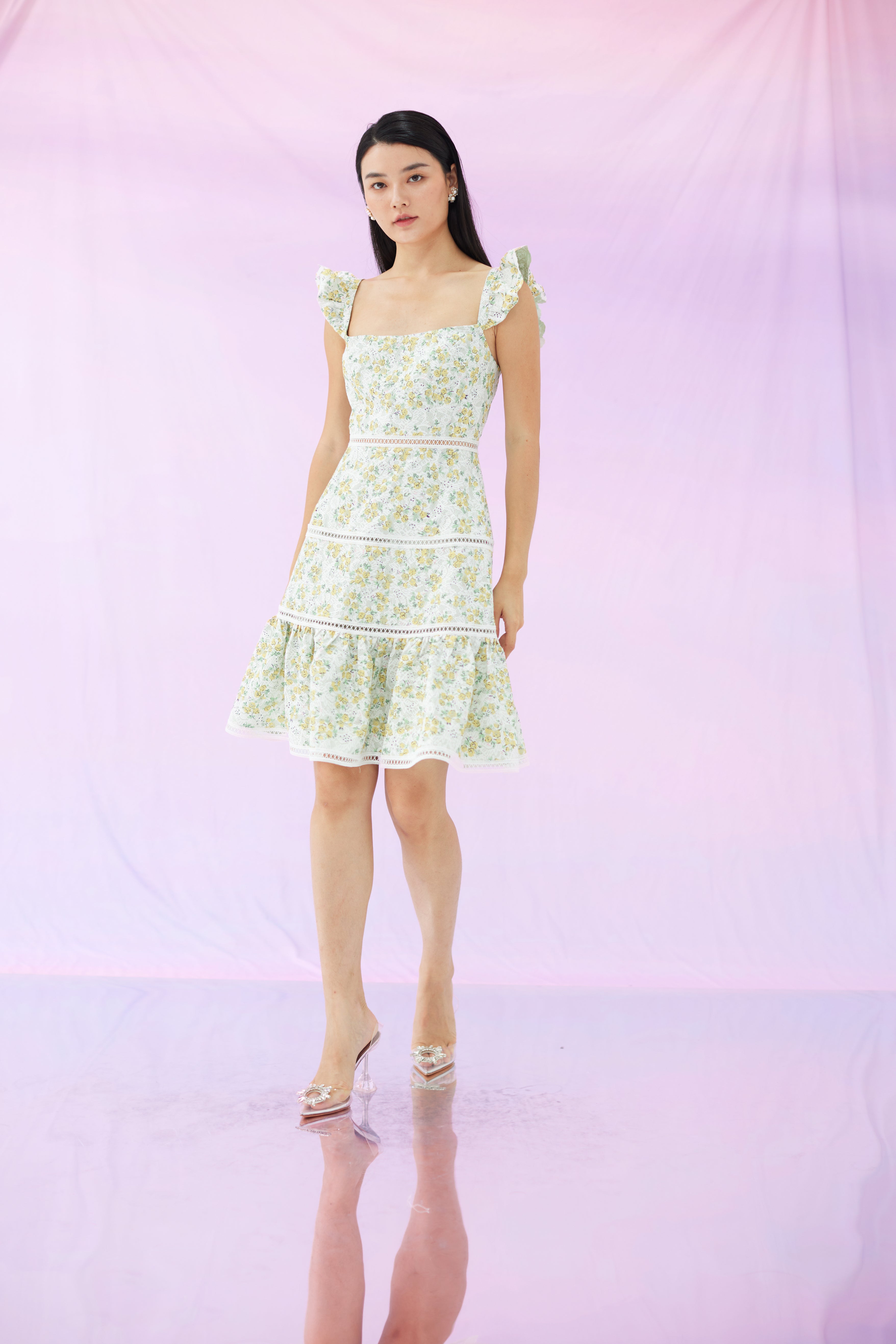 Gina Yellow Flower White Lace Dress