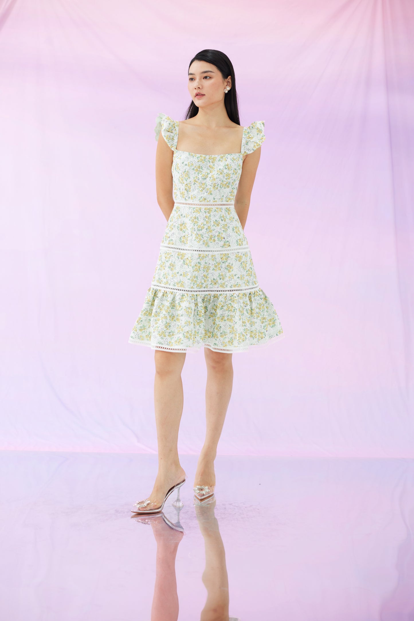 Gina Yellow Flower White Lace Dress