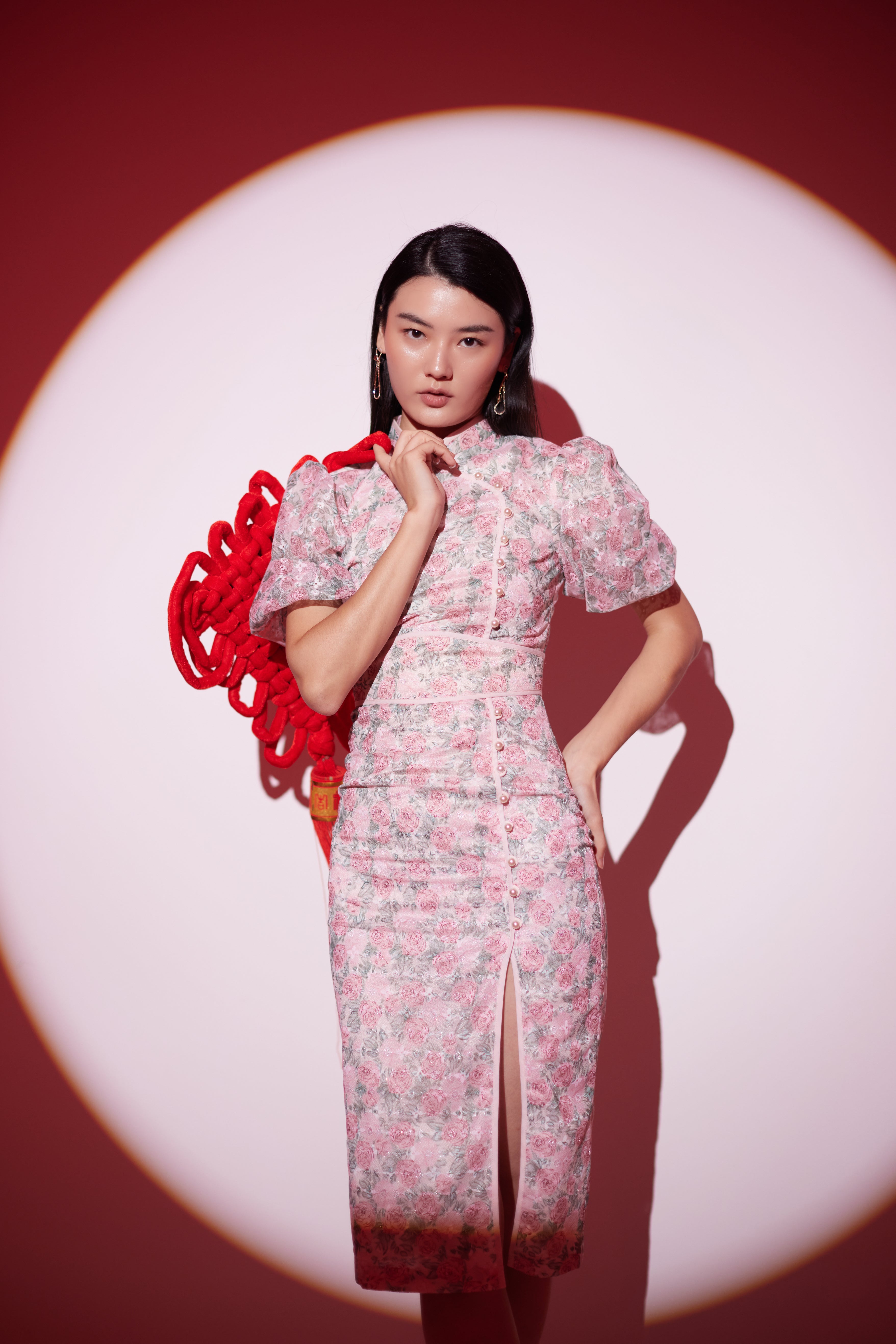 Hilda Pink Lace Midi Cheongsam